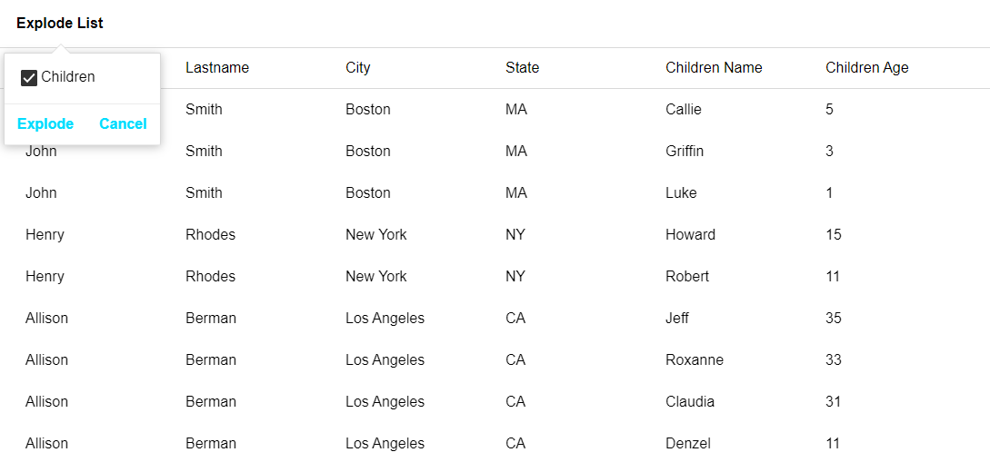 An exploded list that contains a nested array, "Children" (download component@components/listExplode_Simple.zip)